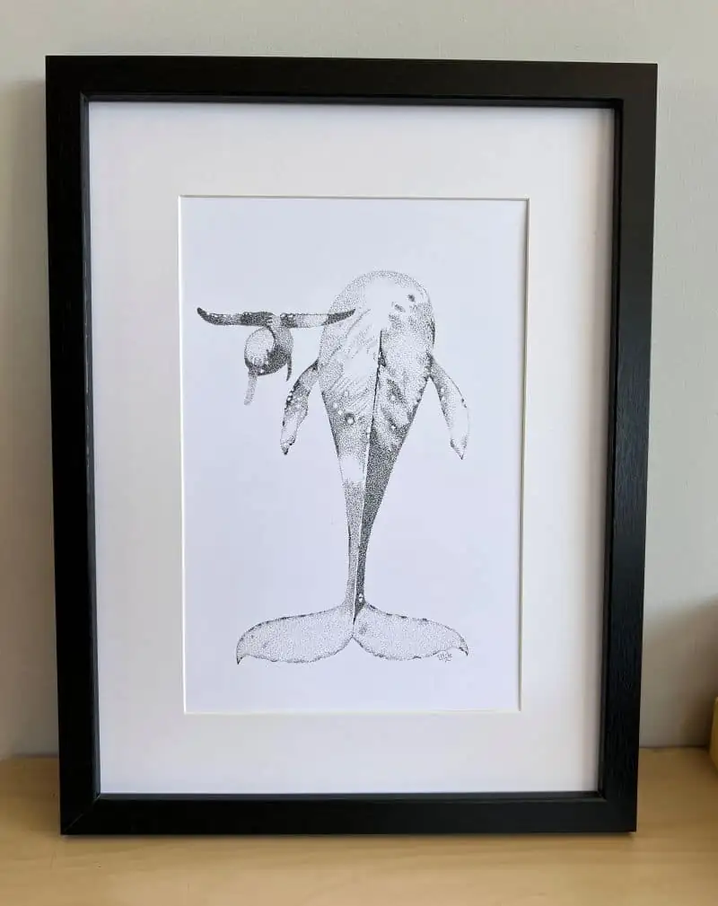 dessin d'une baleine et son baleineau en pointillisme