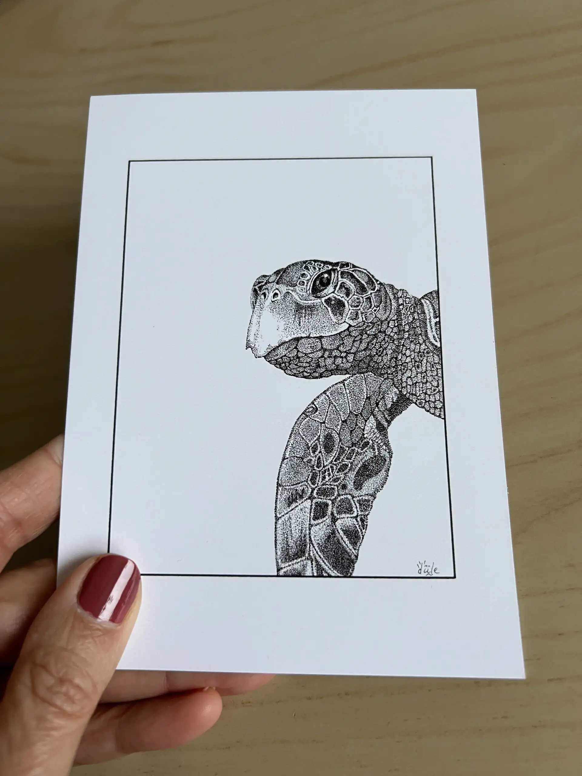 carte postale d'un dessin d'une tête de tortue marine . dessin en pointillisme en noir et blanc réalisé au feutre
